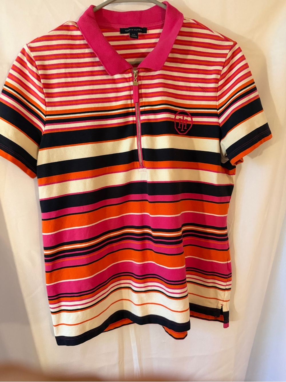 Tommy Hilfiger Pink, Orange, Black & White Striped Zip Polo
